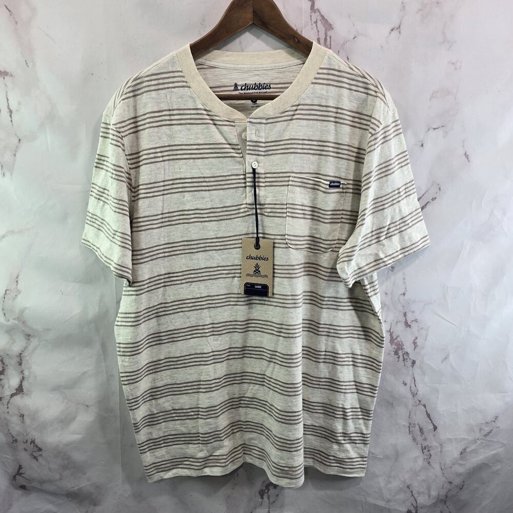Chubbies Shirt Mens Large Striped Short Sleeve Henley Sandy Dune Cream Brown